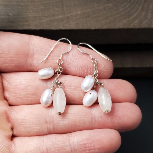 Jewelry - Sterling Silver Cute Genuine Pearls And Quarts Earrings